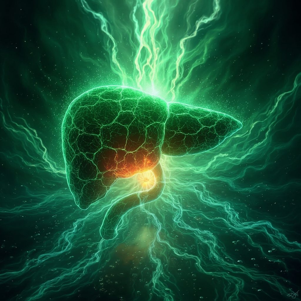 Symbolic illustration of a glowing green human liver intertwined with flowing rivers and subtle flames representing anger, surrounded by calming meditative energy waves, in a mystical Jungian style with archetypal shadows.