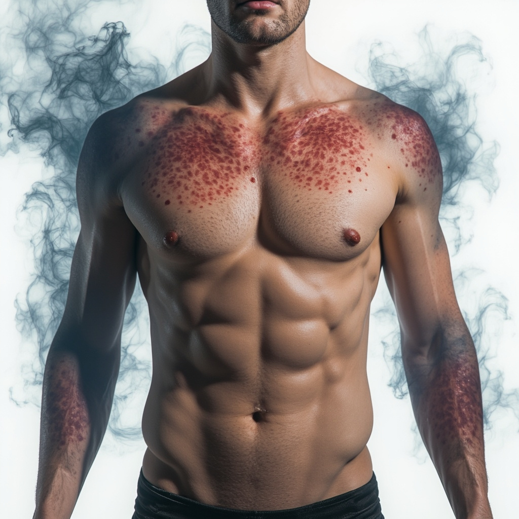 A realistic illustration of fair skin covered in red, itchy hives on arms and torso, overlaid with subtle ethereal waves representing emotional stress like swirling shadows from a stormy mind, symbolizing the mind-body link in chronic urticaria, soft lighting, professional medical art style.