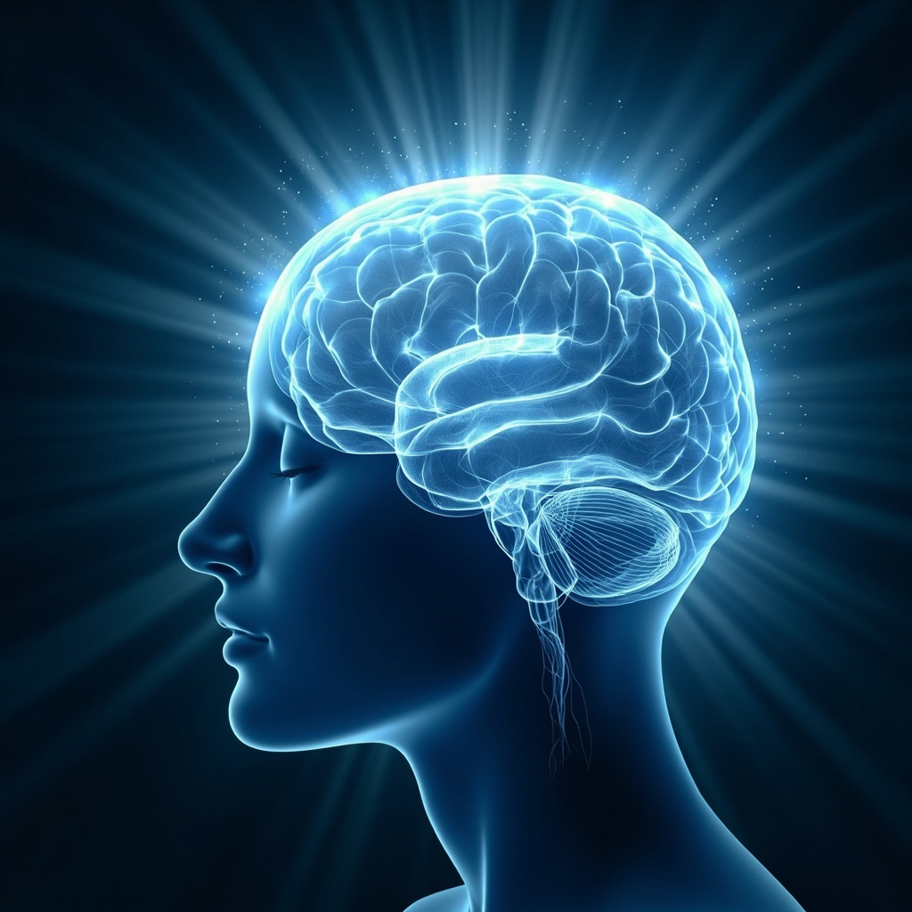 Serene illustration of a human brain profile with frontal lobes glowing in soft blue light, emanating waves of clarity, decisions, and emotional balance, surrounded by subtle symbolic elements like balanced scales and light paths, in a meditative ethereal style.
