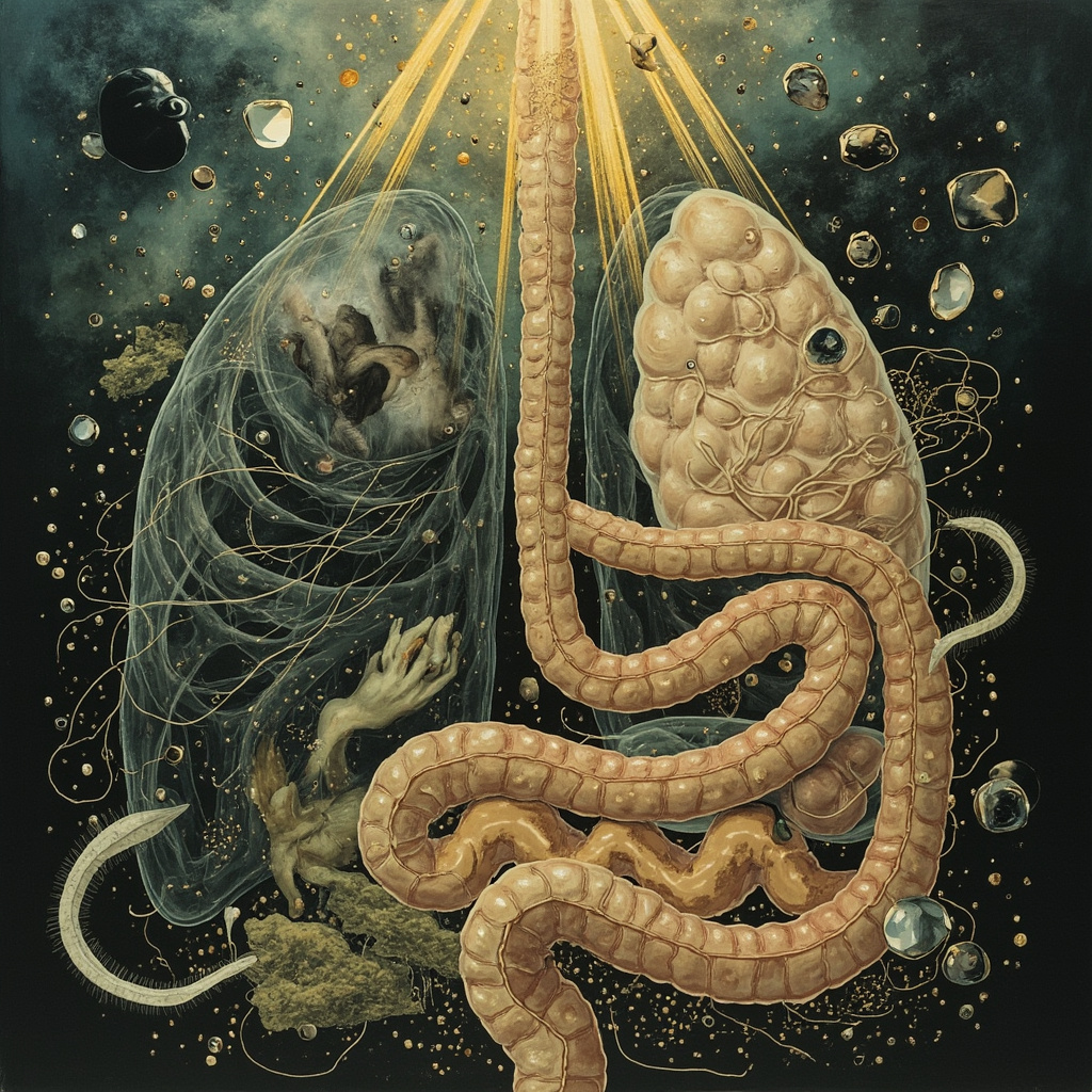 Artistic illustration of Ascaris larvae migrating through stylized human intestines and lungs, blended with Jungian psyche symbols like shadowy figures, mirrors, and ethereal light rays symbolizing integration, in muted blues and earth tones.