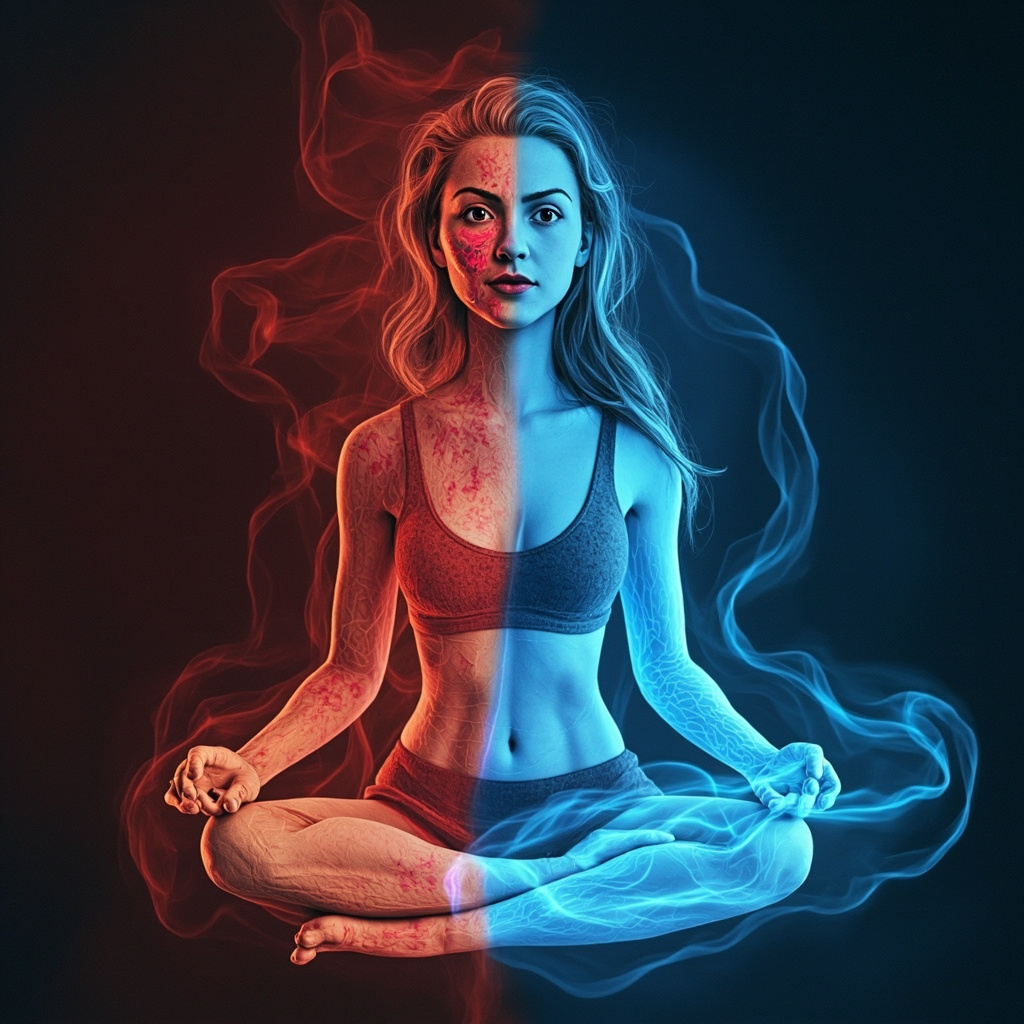 A realistic illustration of irritated red hive-covered skin on an arm, next to a thoughtful woman meditating with soft glowing blue energy waves symbolizing emotional healing and balance.