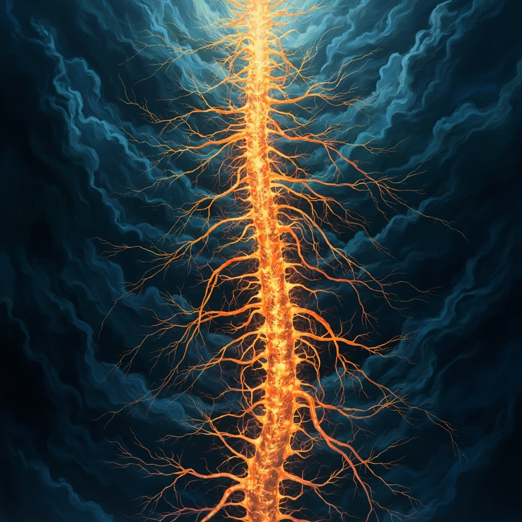 Symbolic illustration of the sympathetic nervous system as glowing nerves along the spine, reflecting a stormy psyche with shadows of fear and alertness, in a mystical Jungian art style with soft blues and fiery oranges.