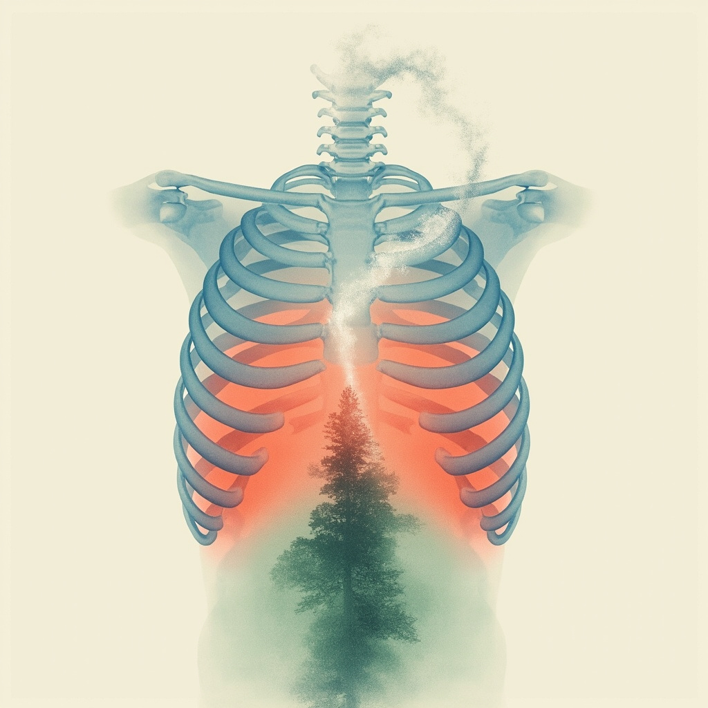 Soft glowing illustration of human torso with ribs and intercostal muscles highlighted in warm blue, tense red areas fading to relaxed green, ethereal breath waves flowing through, subtle anxious shadow figure transforming to calm, minimalist style for health article.