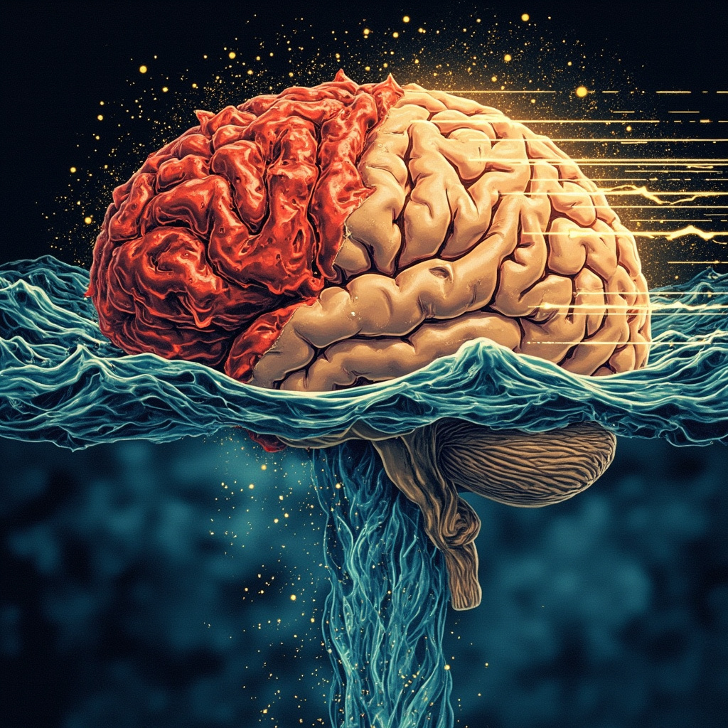 Abstract illustration of intertwined brain and skin with red hive welts transforming into calm blue waves via glowing frequency lines, symbolizing emotional healing.