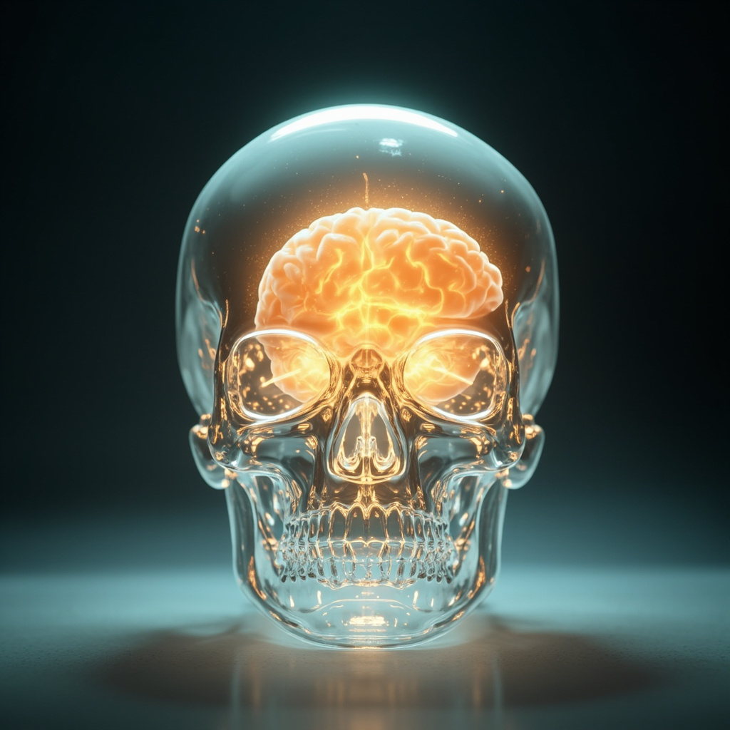 A serene illustration of a translucent human skull revealing a glowing, protected brain inside, with soft ethereal light symbolizing psyche, control, and emotional harmony.