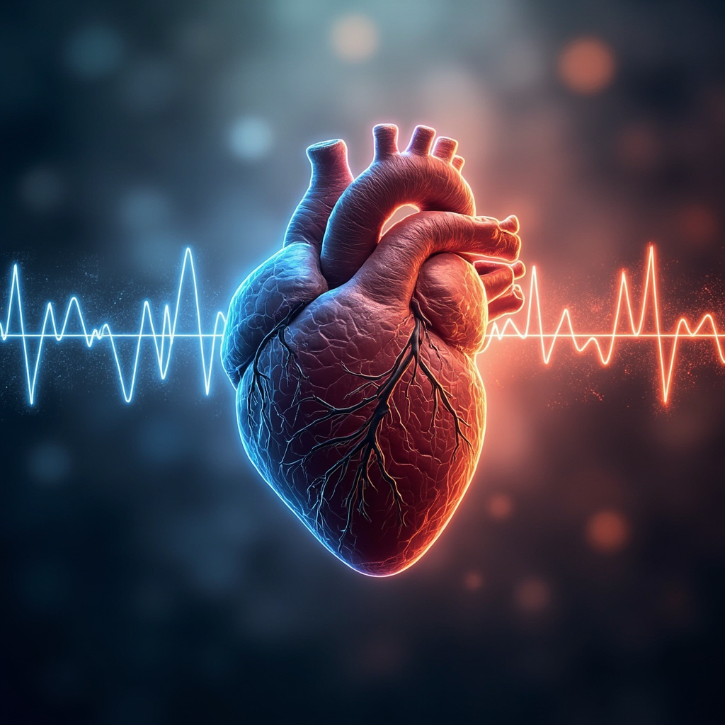 Illustrative image of a human heart with glowing energy waves: calm blue waves on left (low stress), chaotic red jagged ECG lines on right (high Stress Index), subtle Jungian symbols like shadows integrating, soft meditative background.