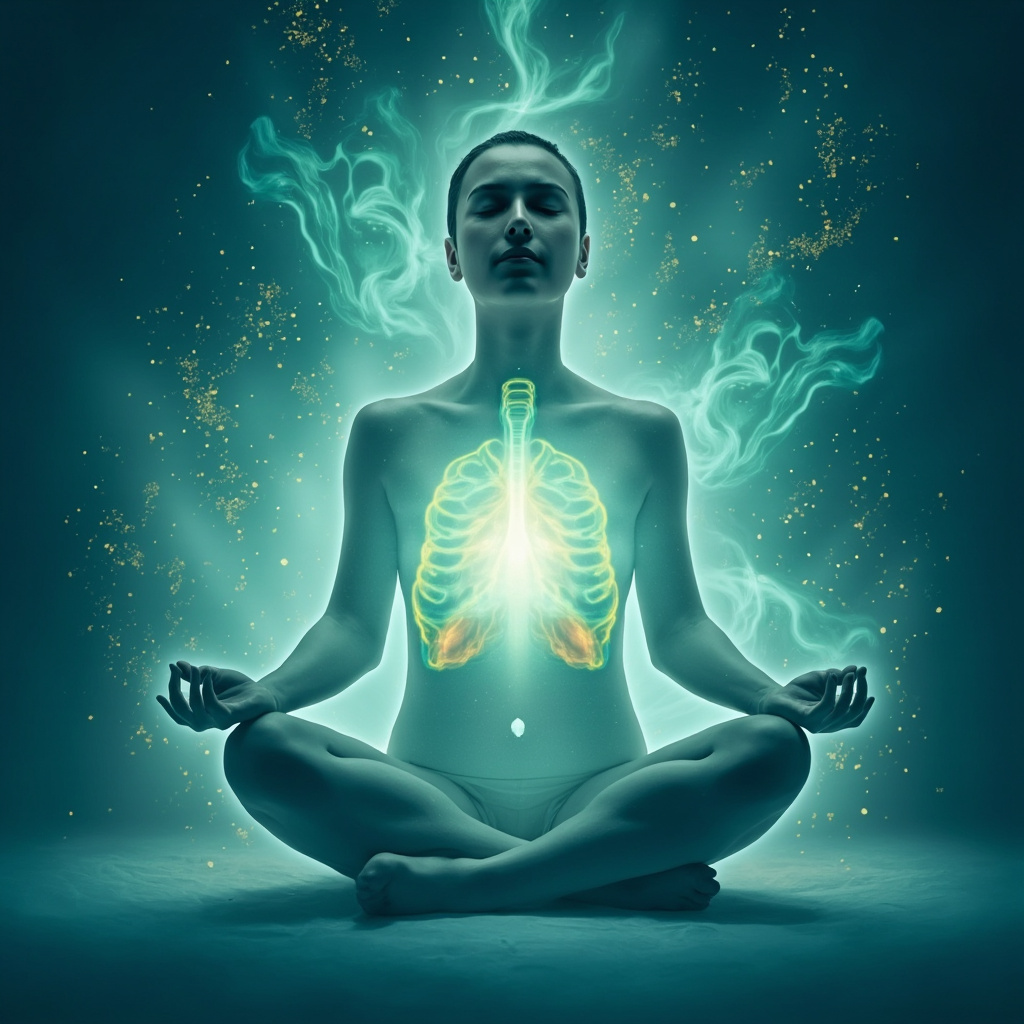 Serene person breathing deeply amid pollen-filled air, soft glowing energy waves balancing lungs and heart, calming blue-green tones, meditative pose with closed eyes, illustrative style.