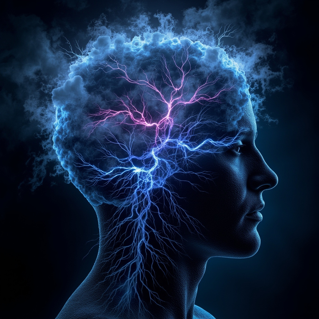 Illustrative image of glowing neurons in a human brain silhouette, entangled with dark stress clouds and breaking free into light waves of calm energy, soft blue and purple tones, scientific yet ethereal style.