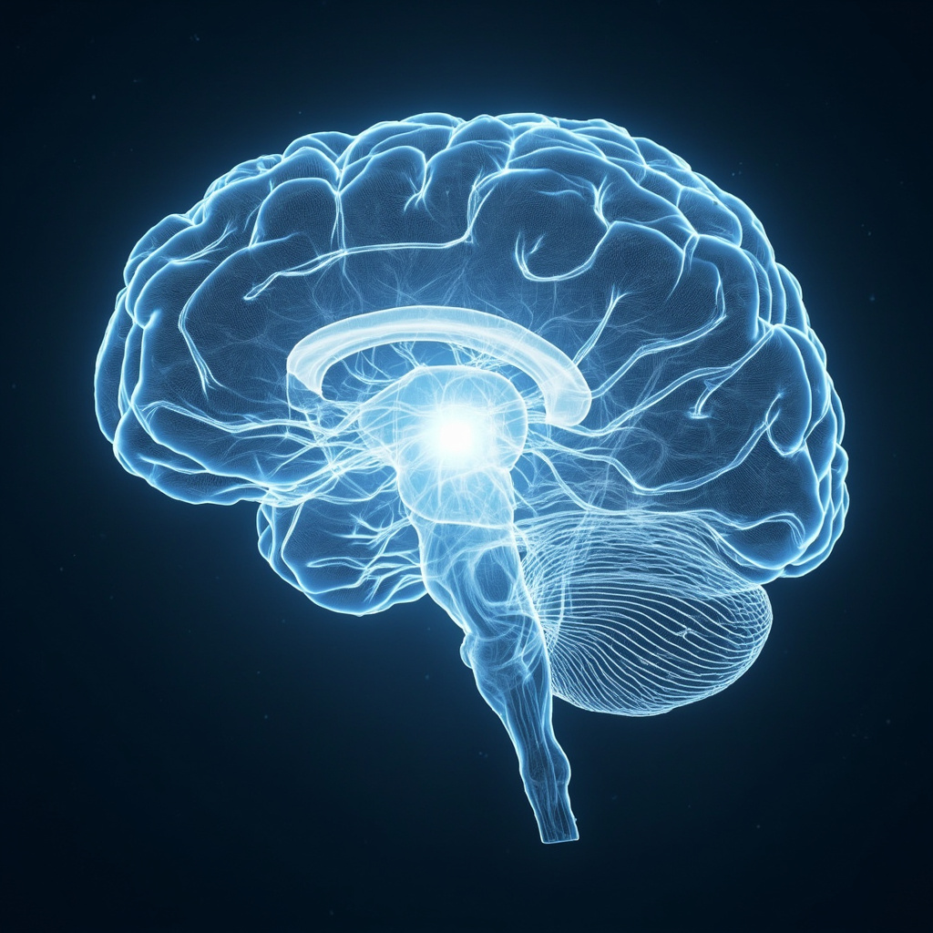 A serene illustration of a human brain in cross-section, highlighting glowing white matter tracts as interconnected neural pathways resembling luminous bridges or rivers of light, symbolizing emotional connection, clarity, and psychic integration, in soft blue and white tones.