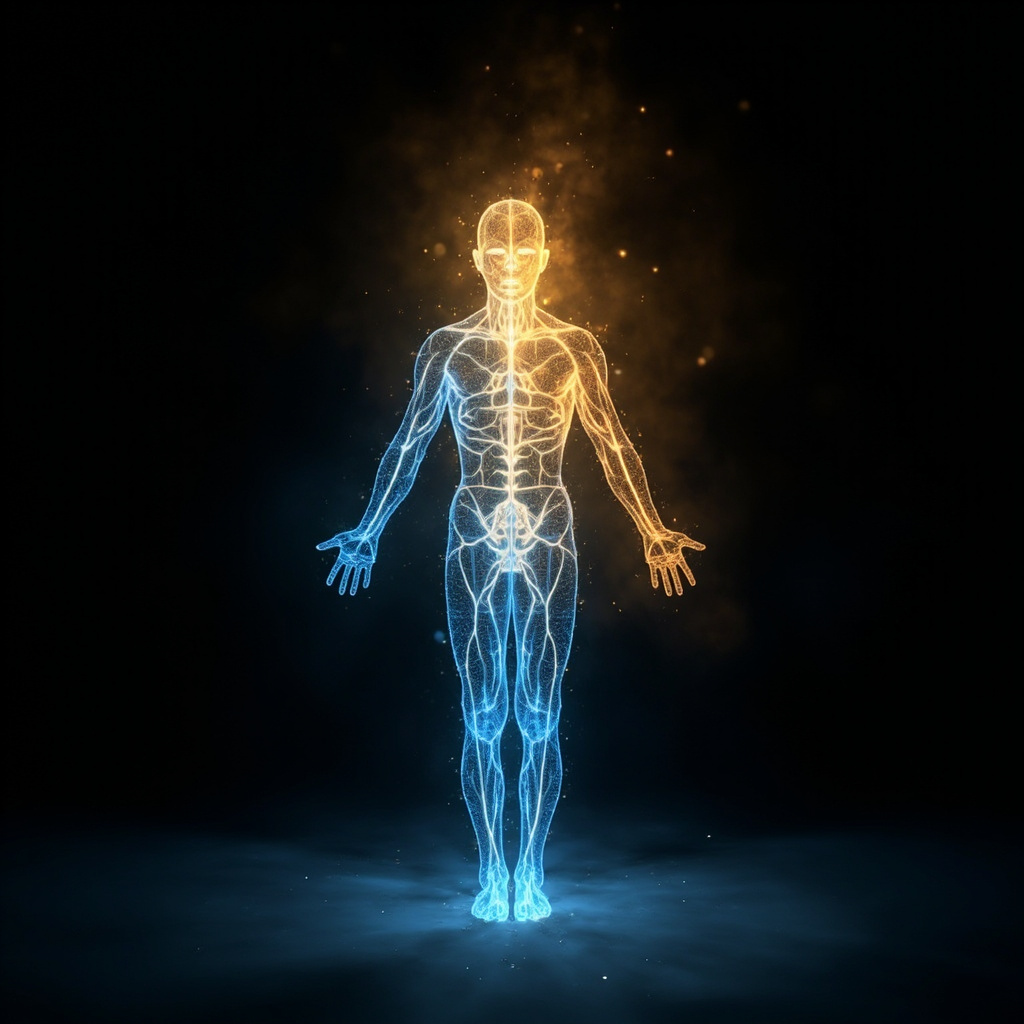 A serene, abstract visualization of glowing, interconnected energy pathways within a human silhouette, blending calm blue and soft golden tones to represent balance and harmony.