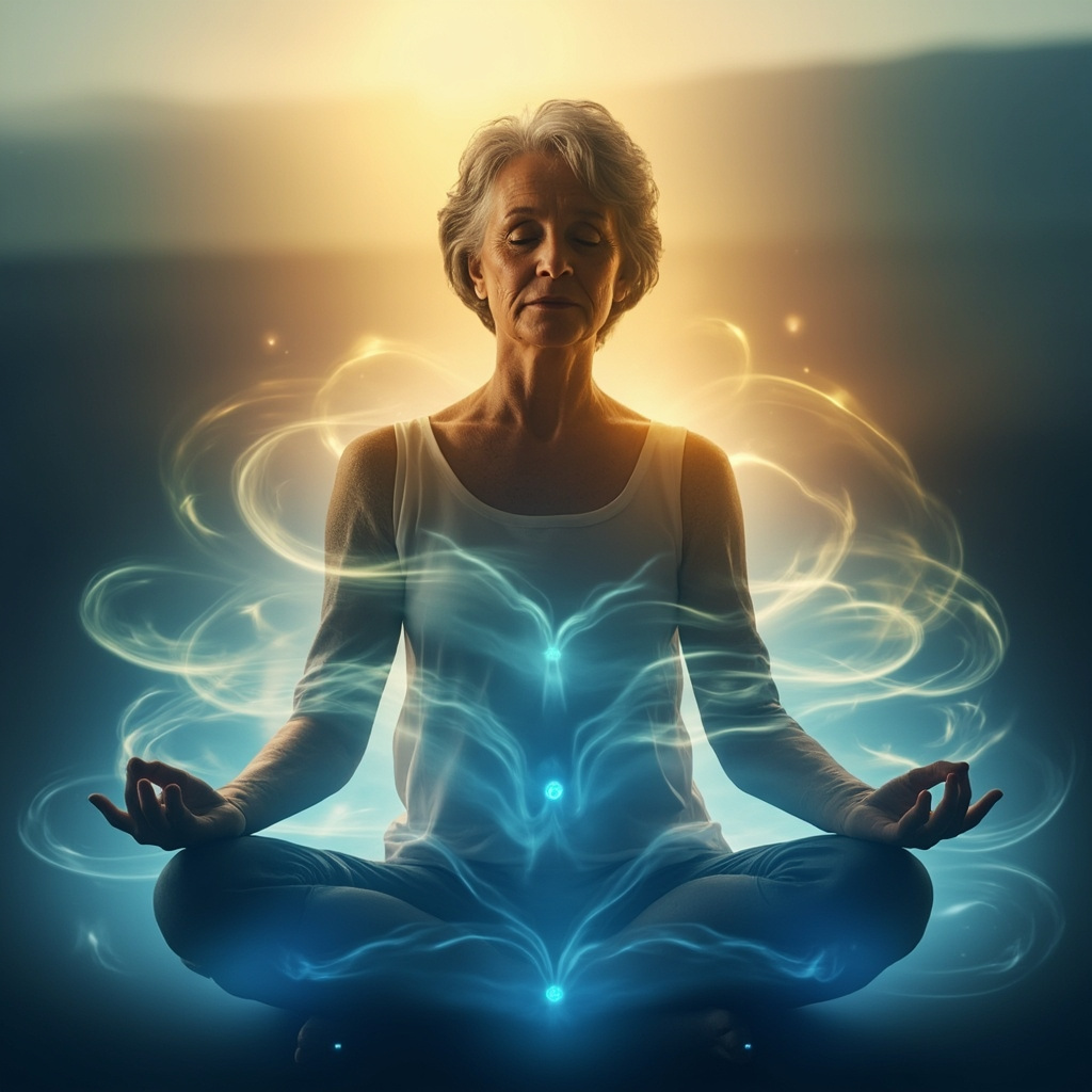 Serene mid-50s woman meditating at dawn, soft glowing energy waves balancing her body, evoking calm from menopausal mood swings, ethereal blues and golds.