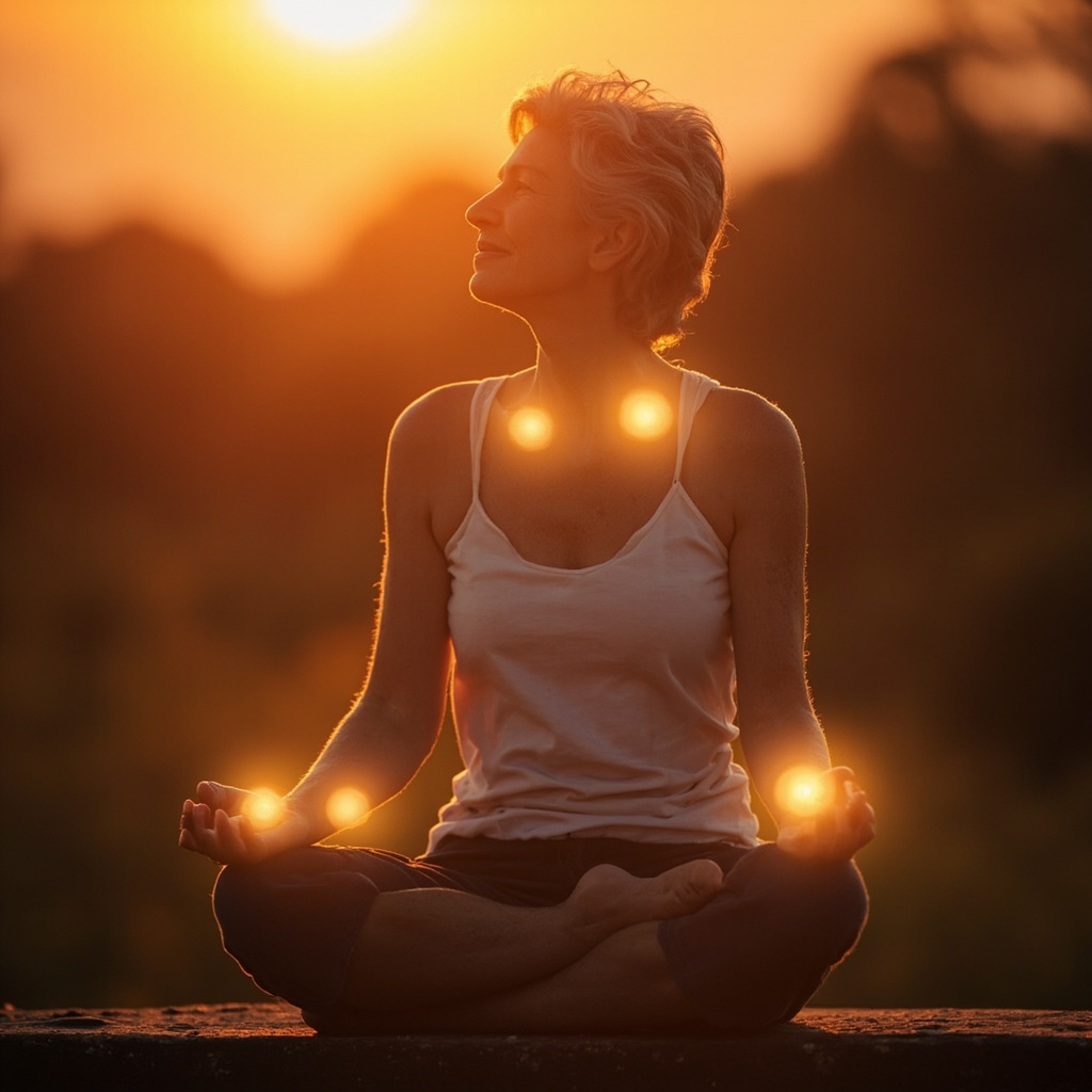 A mature woman meditating peacefully at sunrise, with subtle glowing light orbs at wrist creases, foot webbing, inner ankle, and upper back, evoking calm energy flow during menopause transition
