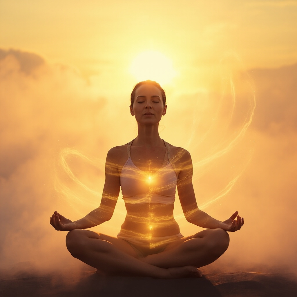 A mature woman sitting in quiet meditation at sunrise, with subtle golden energy flows emanating from her heart, chest, liver area, and lower abdomen, evoking emotional calm and inner balance during menopause.