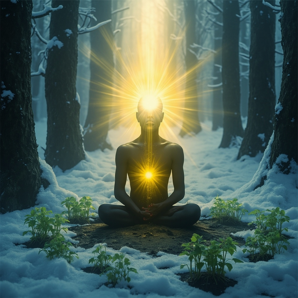 A meditative figure in a misty winter forest, golden light glowing from the forehead and lower abdomen, snow melting around them to reveal vibrant green shoots, evoking awakening from lethargy