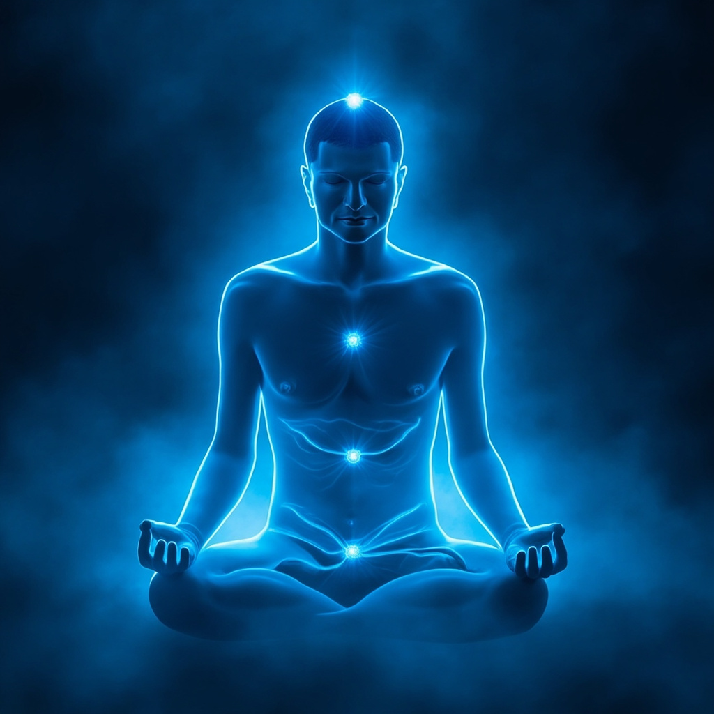 Serene meditative figure in soft blue light, with glowing energy points at wrist (HT7), inner forearm (PC6), and inner ankle (SP6), waves of calming harmony flowing through body and mind