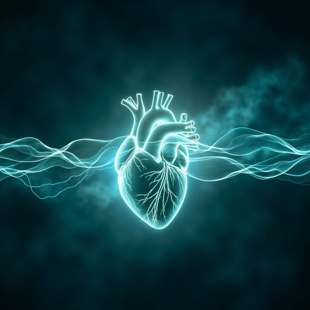 Serene glowing heart connected to calm brain by soft energy waves, healing stress-induced palpitations with harmonious frequencies, in soft blues and greens.