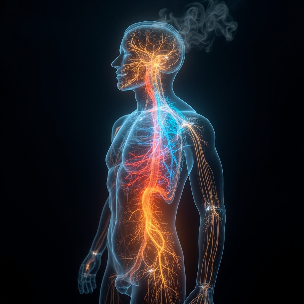 A glowing diagram of the autonomic nervous system branching through the body, with sympathetic in warm reds and parasympathetic in cool blues, overlaid with a reflective psyche mirror and soft shadow elements symbolizing unconscious emotions, in a serene meditative style.