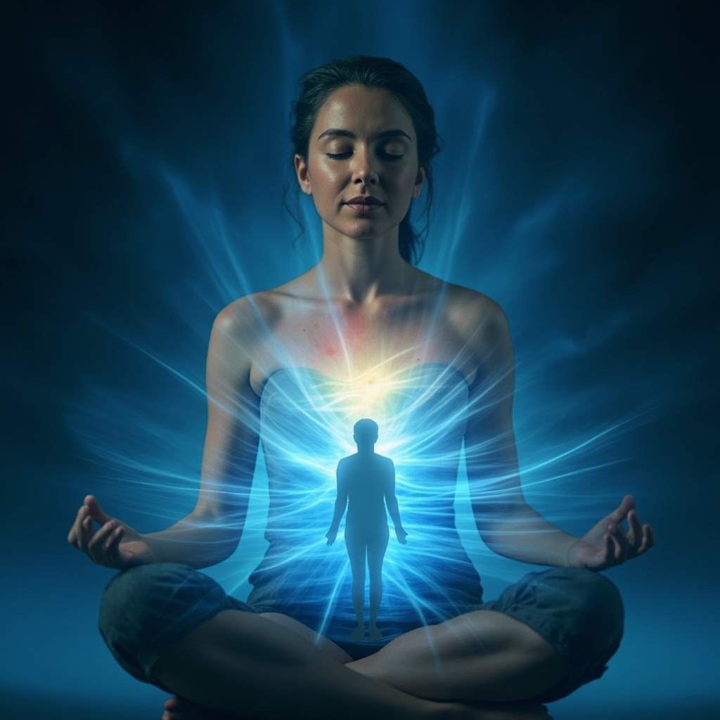 prompt: Serene woman in meditation pose, skin glowing with fading red hives, soft blue energy waves flowing from heart to skin integrating shadow figure, calming abstract Jungian style, professional health illustration
