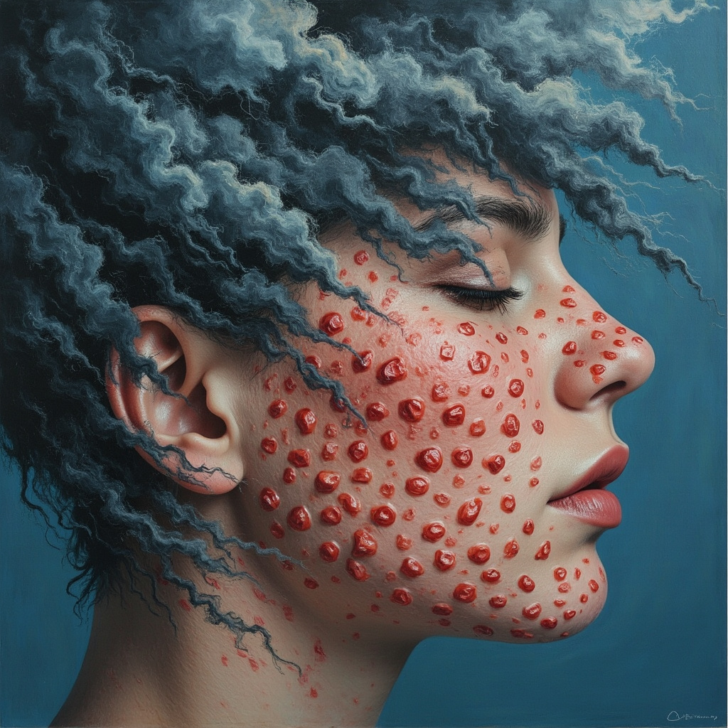 Illustration of red itchy hives on human skin, overlaid with abstract swirling patterns of dark shadows and storm clouds symbolizing unconscious stress and emotions, in a Jungian psychodermatology style, soft lighting, calming blue background.