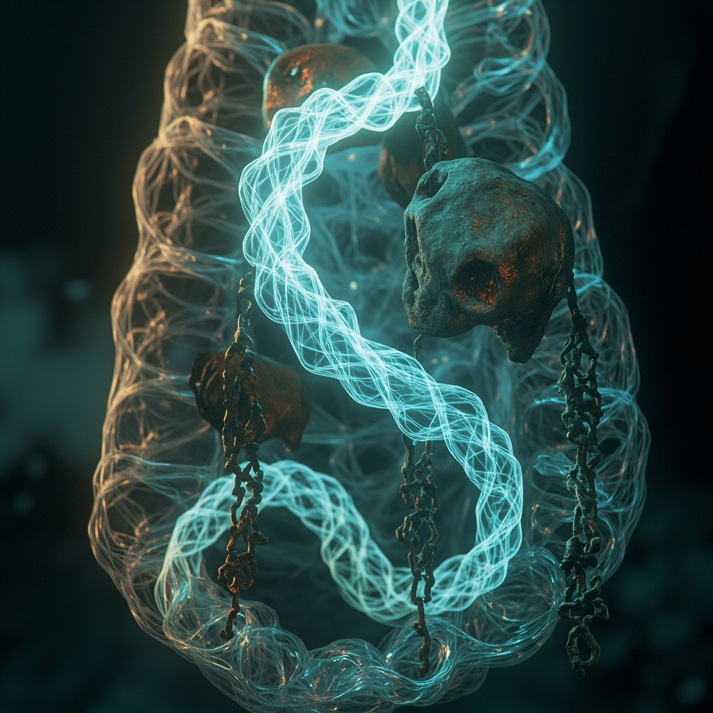 Abstract digital art of an elongated, ethereal fluke-like form weaving through a glowing human intestine, with shadowy psychological symbols like masks and chains emerging from it, in serene blue and earthy tones symbolizing mind-body healing.