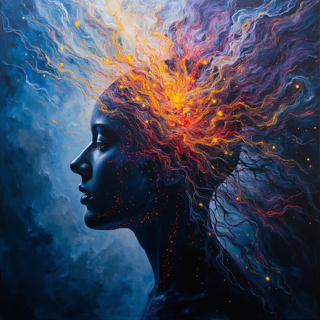 Abstract artwork showing a human silhouette with subtle red hive patterns on the skin morphing into swirling shadow figures and mirror reflections, in soft blue, purple, and warm amber tones, evoking emotional depth and mind-body connection.