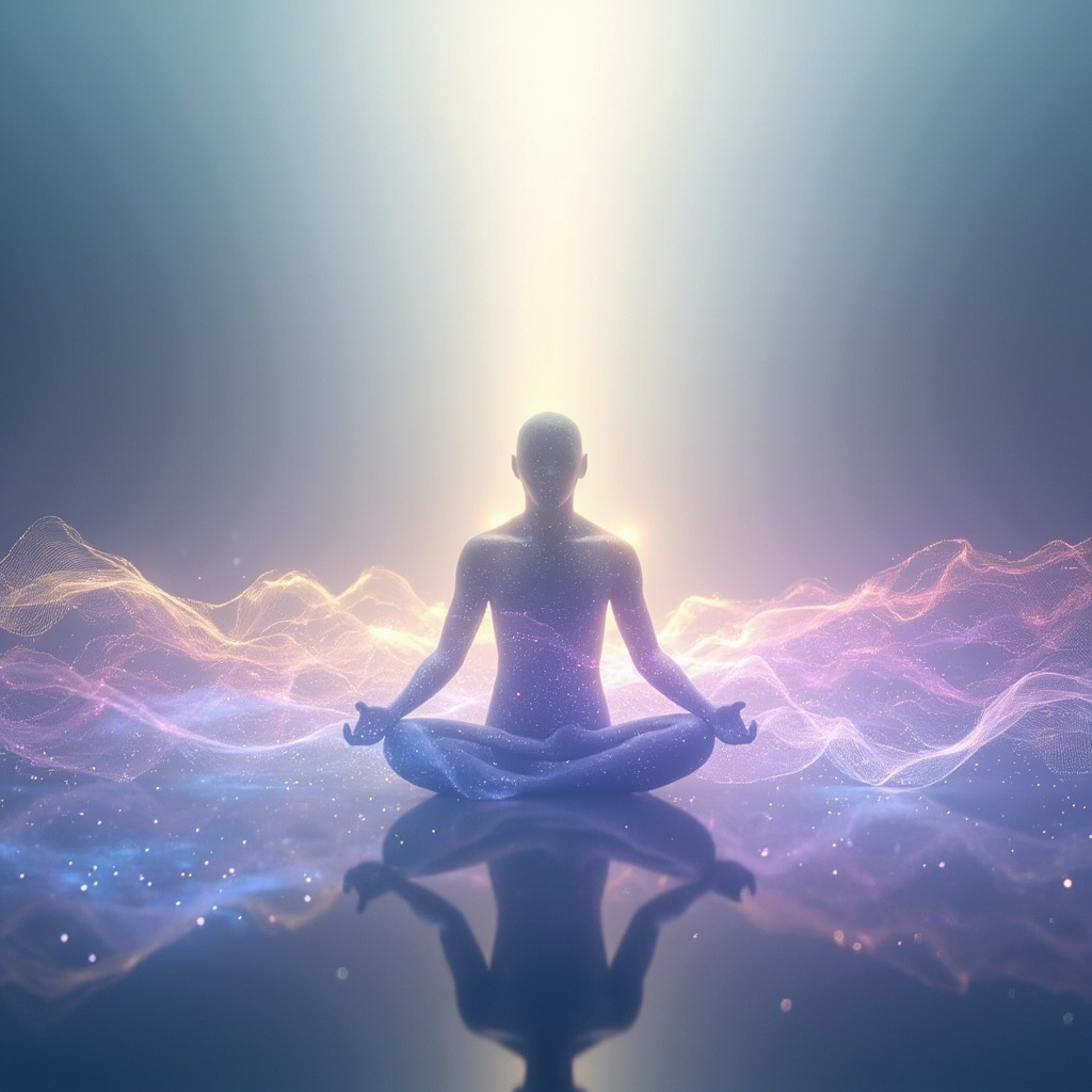 A serene, abstract representation of equilibrium, showing light frequencies harmonizing with the human form in a calm, meditative environment.