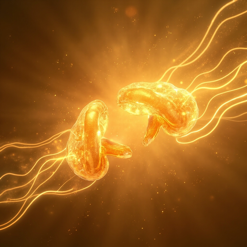 A serene, abstract artistic representation of light frequencies gently interacting with the adrenal glands, symbolizing balance, warmth, and inner harmony.