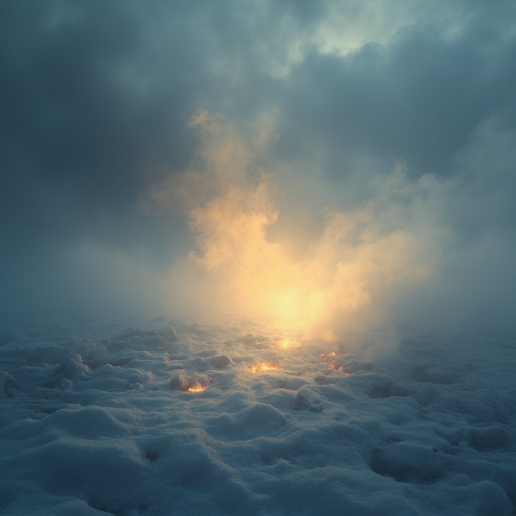 A serene, abstract representation of inner warmth glowing within a winter landscape, featuring soft golden light diffusing through cool blue and grey shadows, high quality, ethereal style.