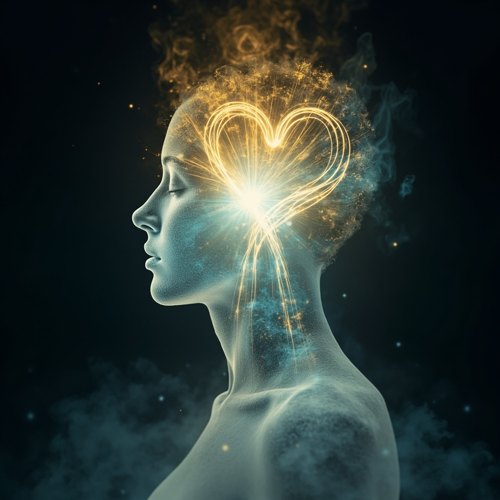A serene, abstract representation of a human silhouette with glowing, balanced energy pathways connecting the heart and mind, soft blue and gold light tones.