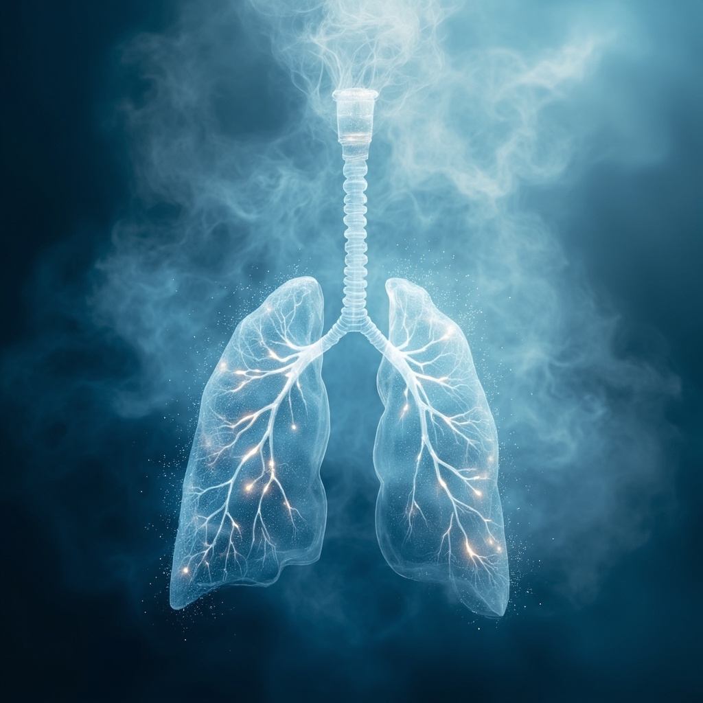 A serene, abstract artistic representation of a pair of lungs merging into a flowing, luminous atmosphere, symbolizing the connection between breath and the psyche.