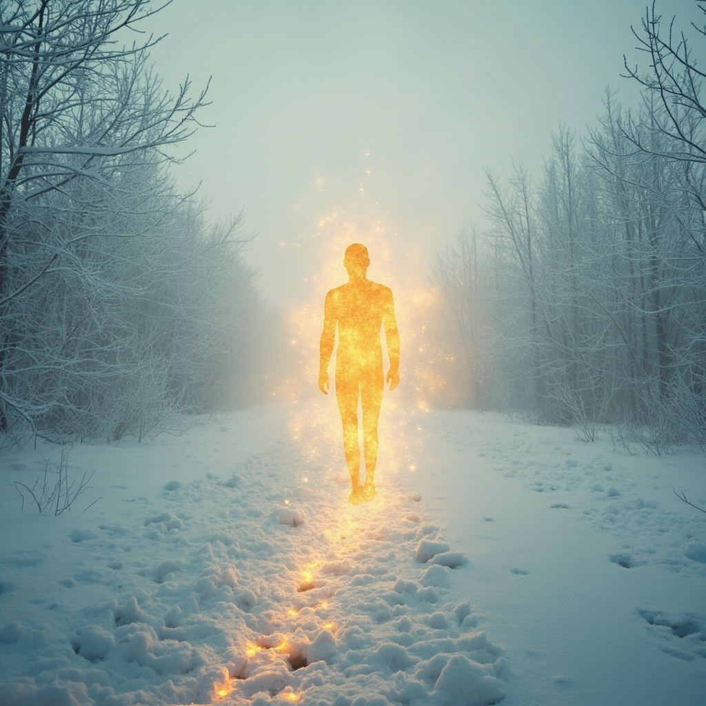 A serene, abstract representation of a human silhouette glowing with soft, golden light amidst a gentle, wintry landscape, symbolizing the restoration of inner warmth and vitality.