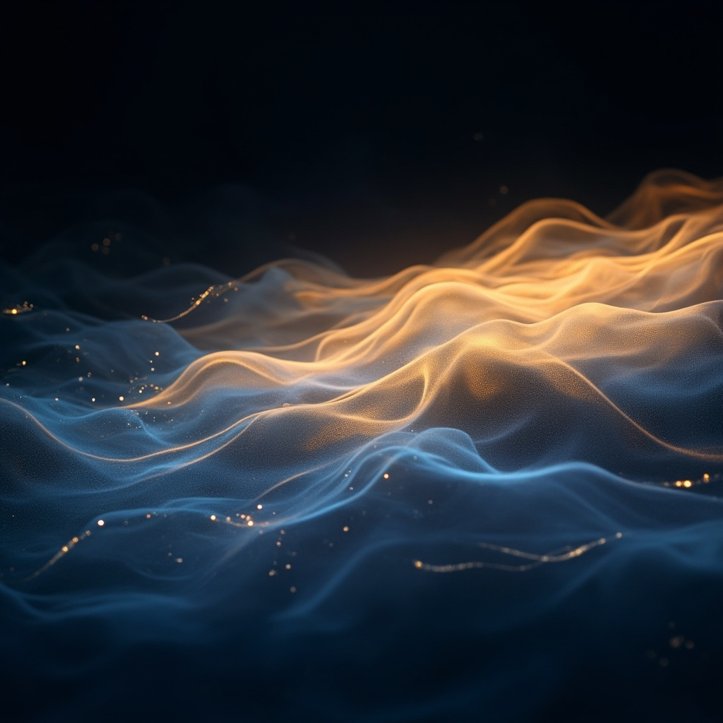 A serene, abstract representation of flowing light waves transitioning from deep indigo to soft gold, symbolizing the shift from waking consciousness to a restful, dreamlike state.