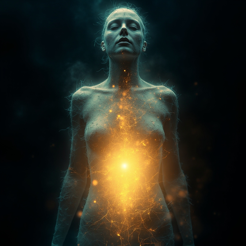 A serene, abstract representation of a human silhouette with soft, glowing light centered in the lower abdomen, transitioning from chaotic, jagged lines into smooth, fluid waves, soft blue and warm gold tones.