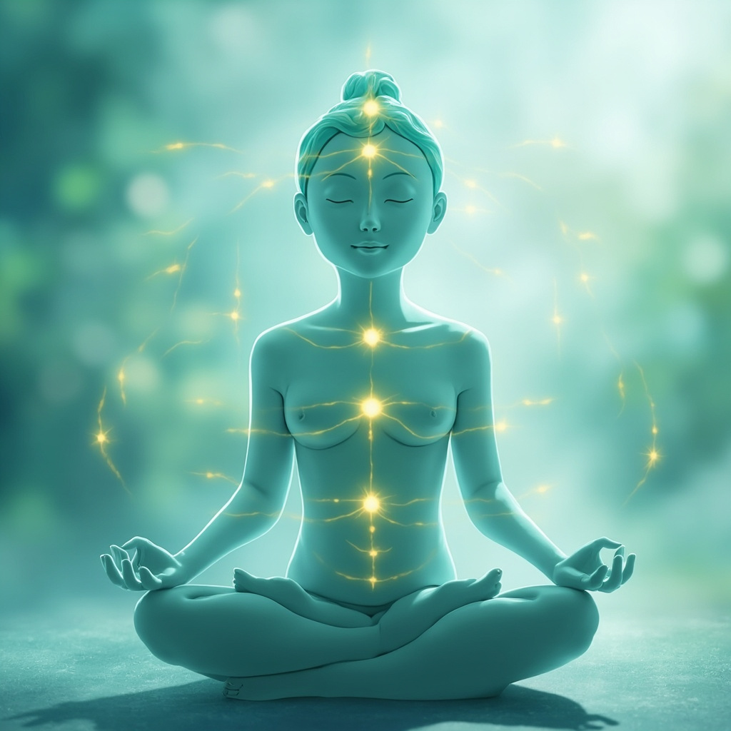 Serene person in meditation pose with glowing acupuncture points on torso and head representing mood balancing energy meridians, soft pastel blues and greens, peaceful natural background, high resolution illustrative art.
