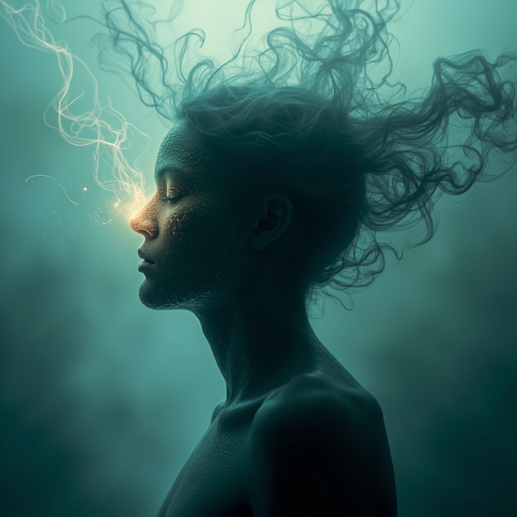 Symbolic artwork of a serene human silhouette with glowing nasal passages and subtle skin textures evoking itchiness, intertwined with ethereal psychic swirls representing anxiety and restlessness, in soft blues and greens, Jungian dream style.