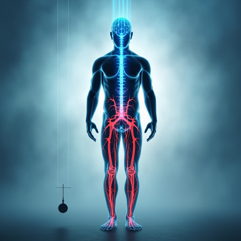 Serene human silhouette with glowing brainstem and spinal cord in blue, red blood vessels calming under soft frequency waves, lowering a blood pressure gauge from high to normal, peaceful background.
