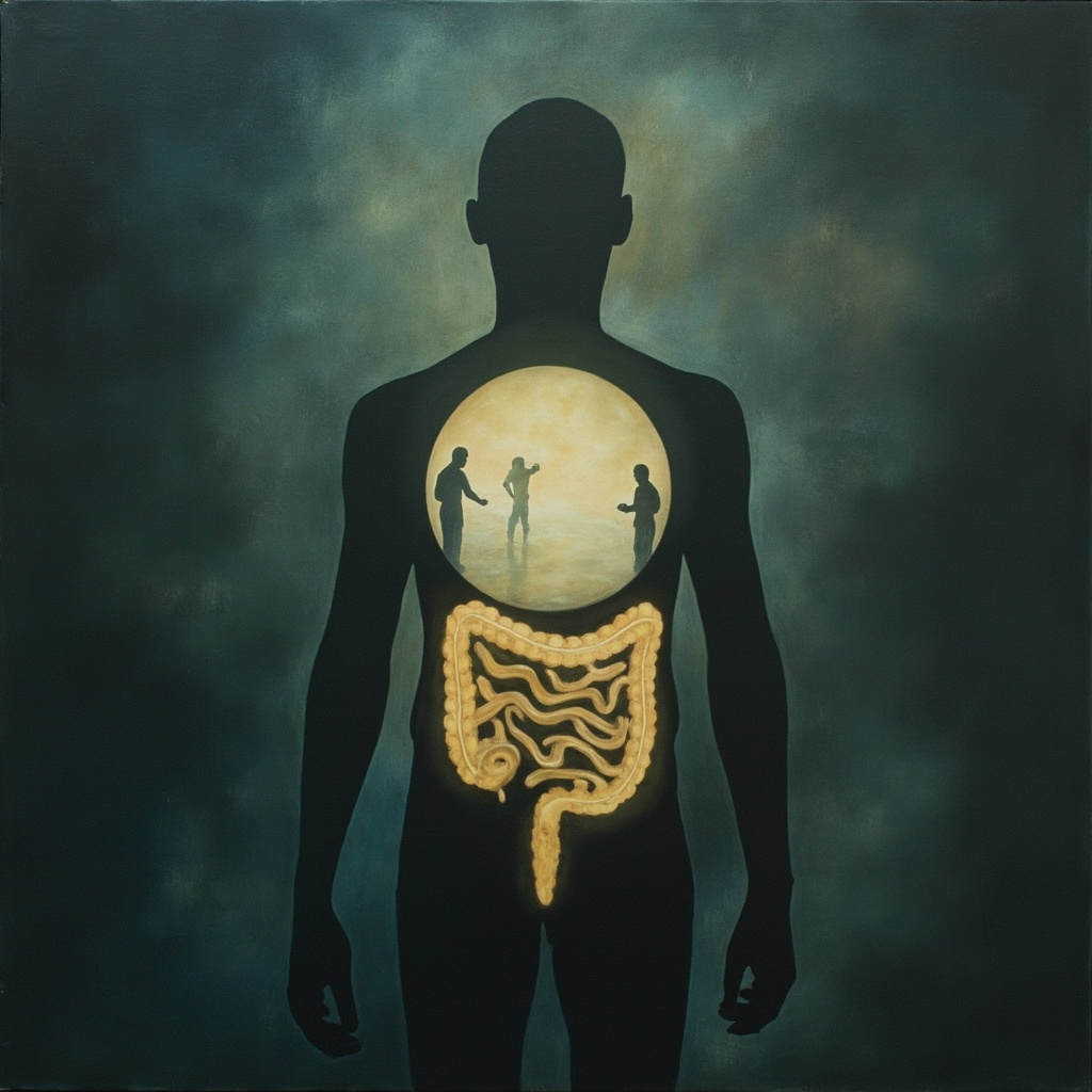 Symbolic artwork of a human silhouette with glowing intestines forming a mirror reflecting shadowy emotional figures, in soft blues and earth tones, Jungian style