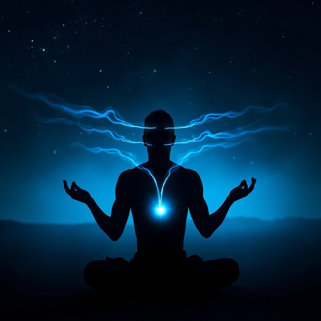 Serene silhouette meditating under starry night, soft blue glowing energy waves from wrists, palms, and neck base to head and heart, calming aura, minimalist style