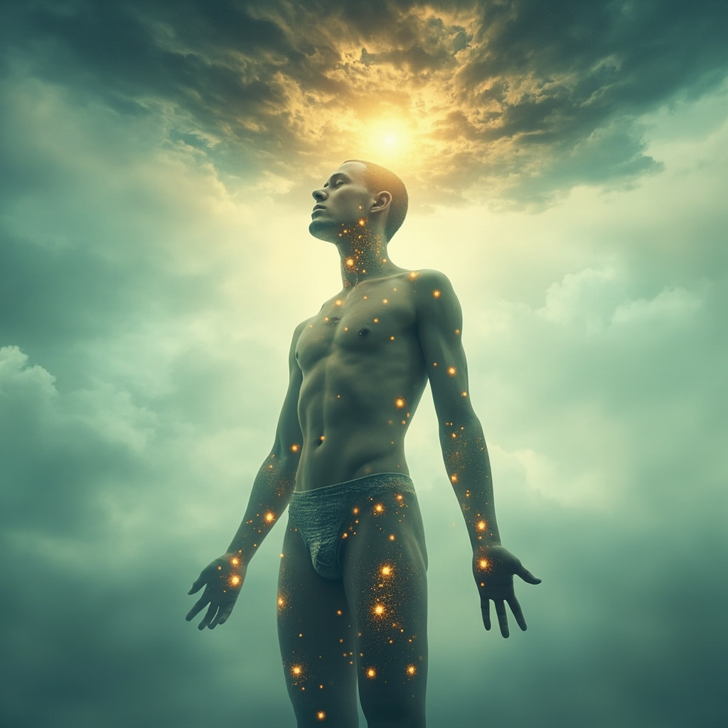 Serene human silhouette with soft glowing energy points on neck, thighs, face, abdomen, and skin; dark hives fading into calm light as emotional storm clouds part, in pastel blues, greens, and golds, meditative style.