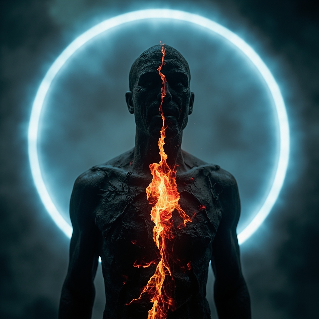 Symbolic Jungian artwork: a human silhouette with skin cracking like earth under inner flames of red and orange, reflected in a serene blue psyche mirror, ethereal dreamlike style, soft lighting