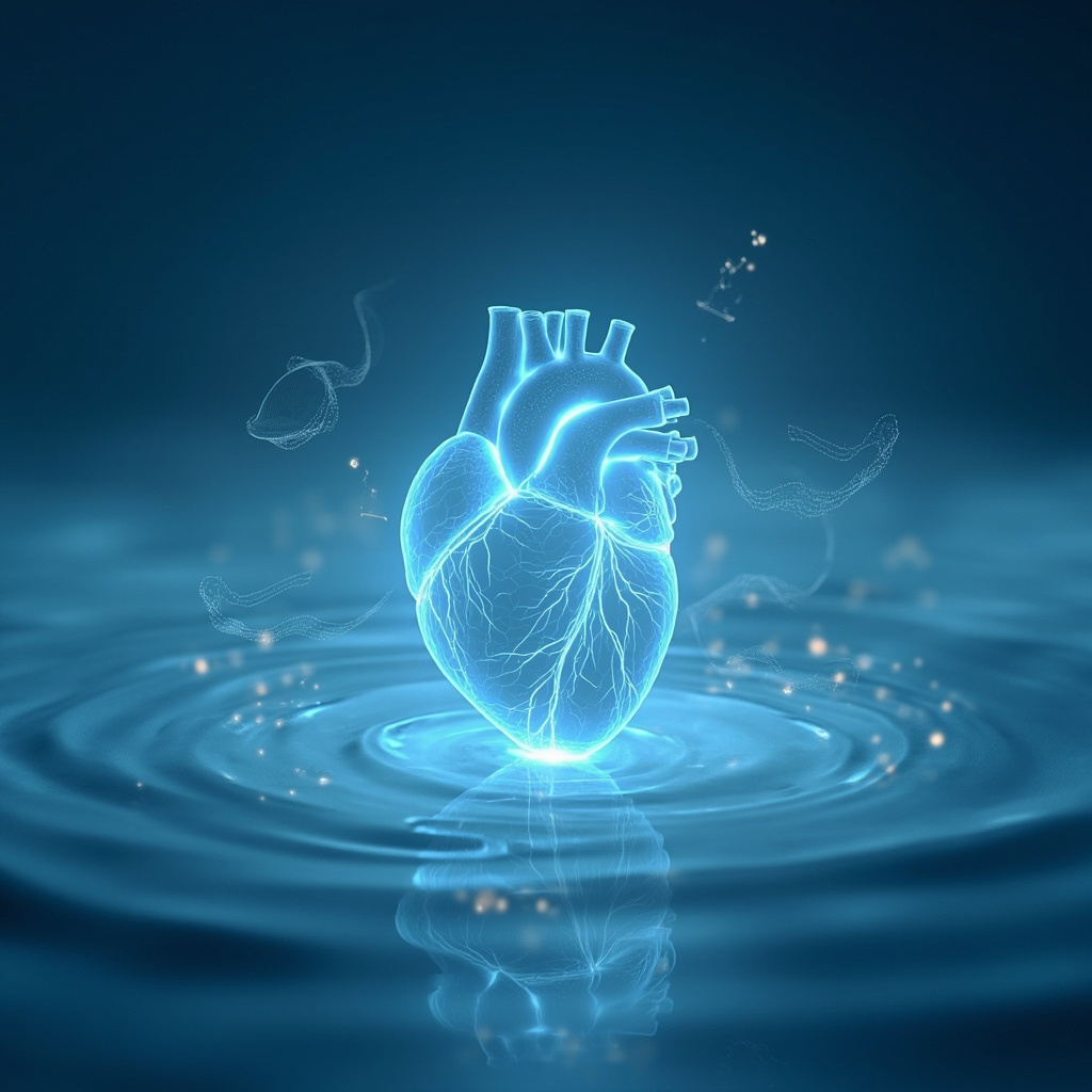 Serene glowing human heart with soft blue energy waves emanating, surrounded by calm neural patterns and emotional symbols like balanced scales, in a minimalist style for health and harmony.