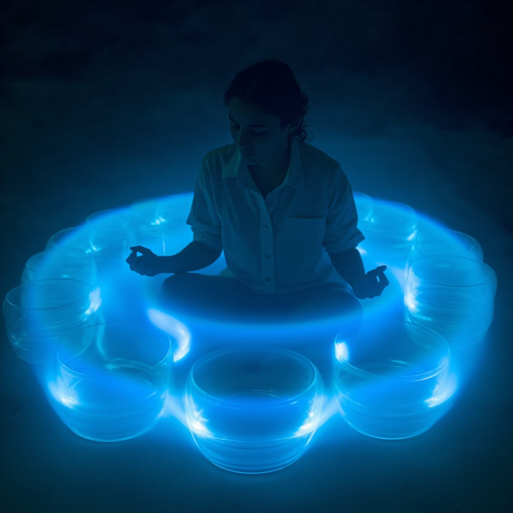 Serene image of a person in a sound bath surrounded by glowing singing bowls emitting calming blue frequency waves, evoking deep relaxation and anxiety relief