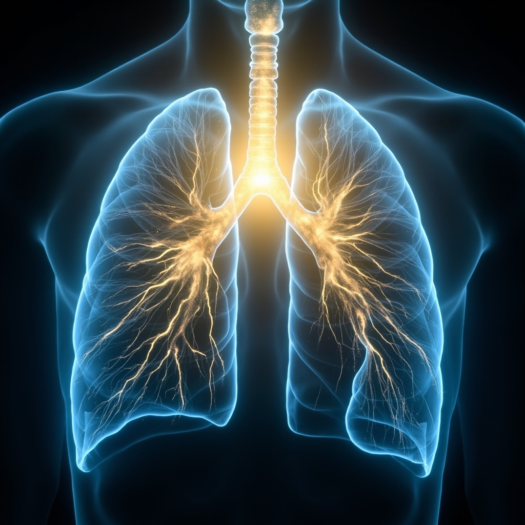 Serene human lungs with five glowing lobes in blue light, dark shadows of fear and grief fading into golden freedom rays, symbolizing emotional healing and deep breathing.