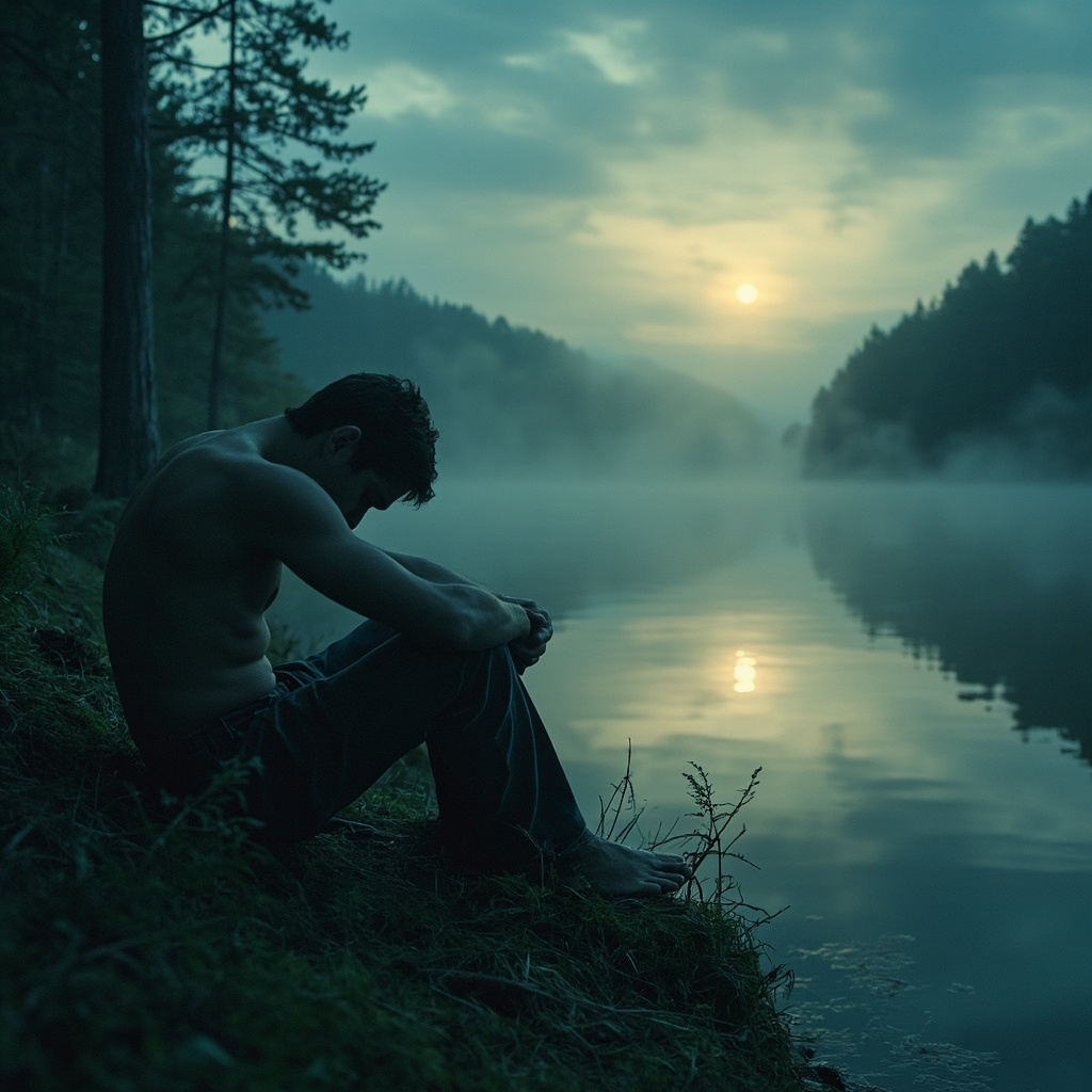 A dreamlike image in Jungian style: a tired figure resting by a serene lake at dusk, shadows merging into soft light symbolizing renewal from exhaustion, in muted blues, greens, and golds.