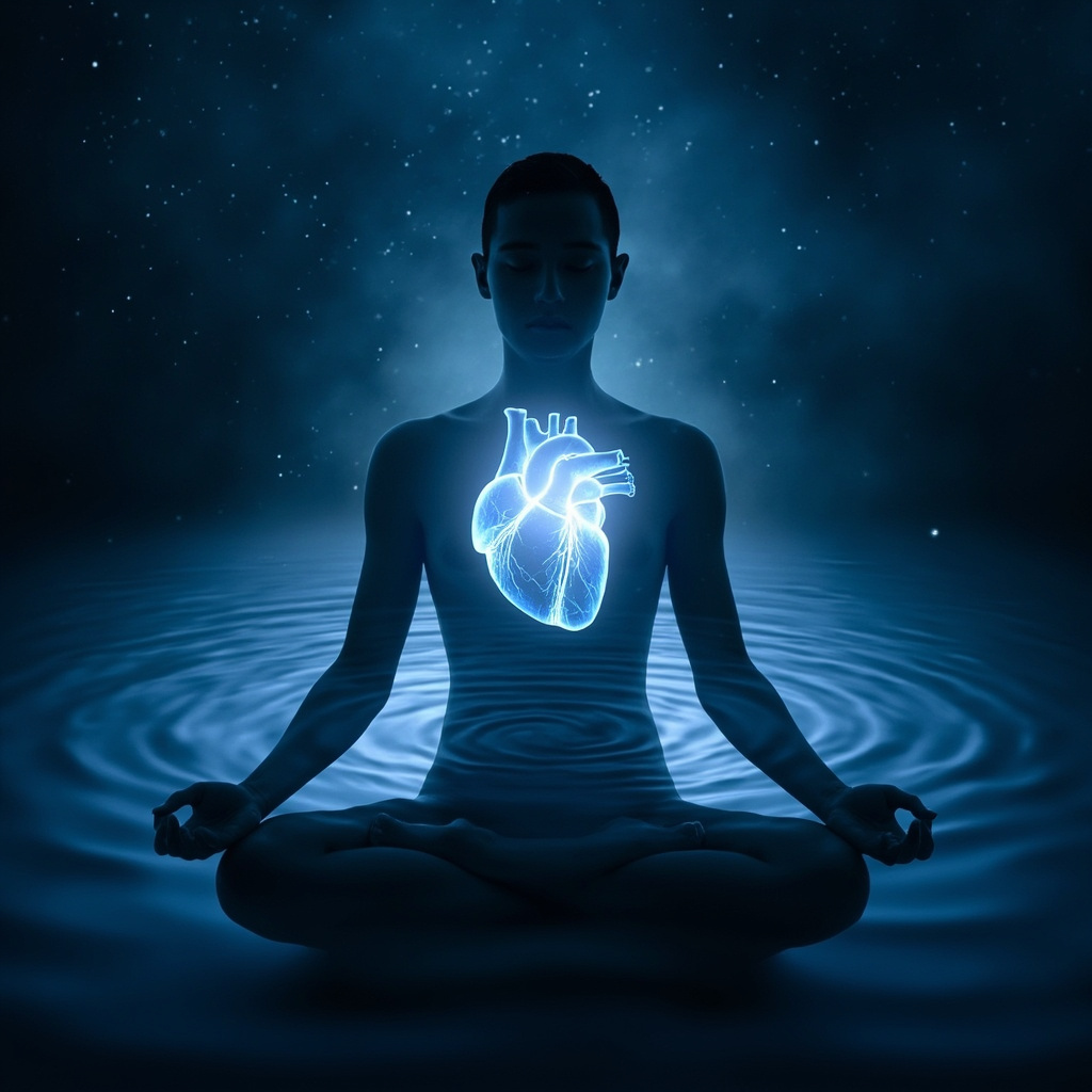A serene glowing human heart with soft blue energy waves emanating, surrounded by a peaceful meditating silhouette against a calm night sky, symbolizing emotional heart healing through frequencies and meditation.