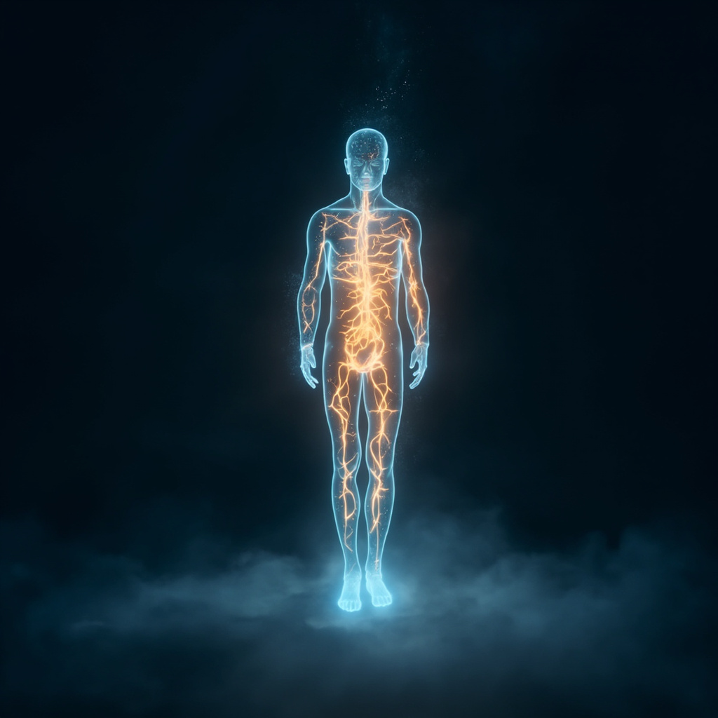 A soft, ethereal image showing a glowing, harmonious light pattern flowing through a human silhouette, symbolizing the calming of electrical impulses in the body.