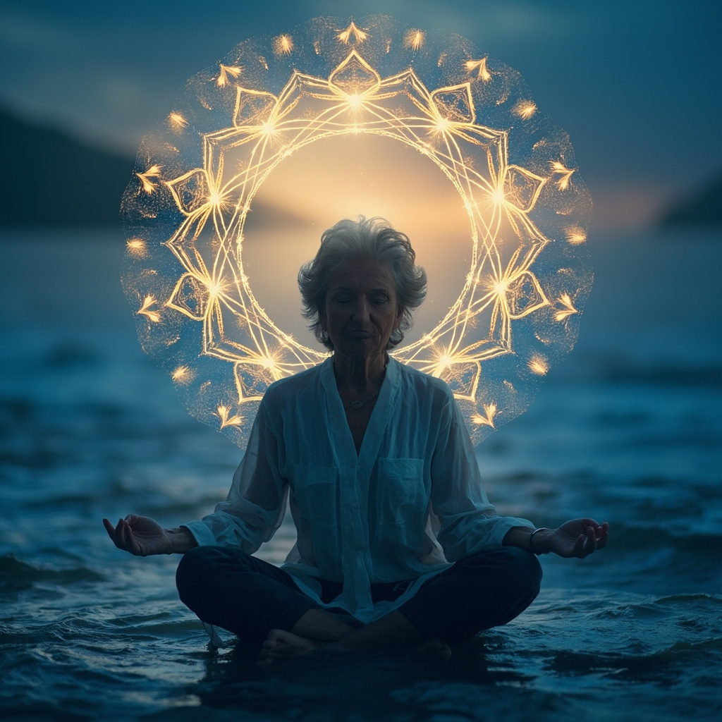 Serene woman meditating at dusk, emotional waves calming into a harmonious mandala aura, soft blues and golds, symbolizing menopausal mood balance and psyche integration.