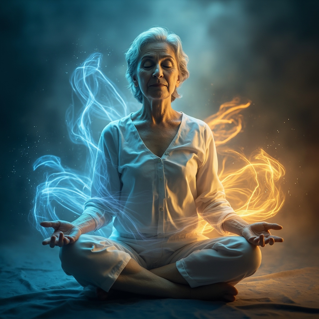 Serene woman in her 50s meditating in soft light, energy waves balancing her body, calming blues and warm golds, symbolizing menopause emotional harmony.