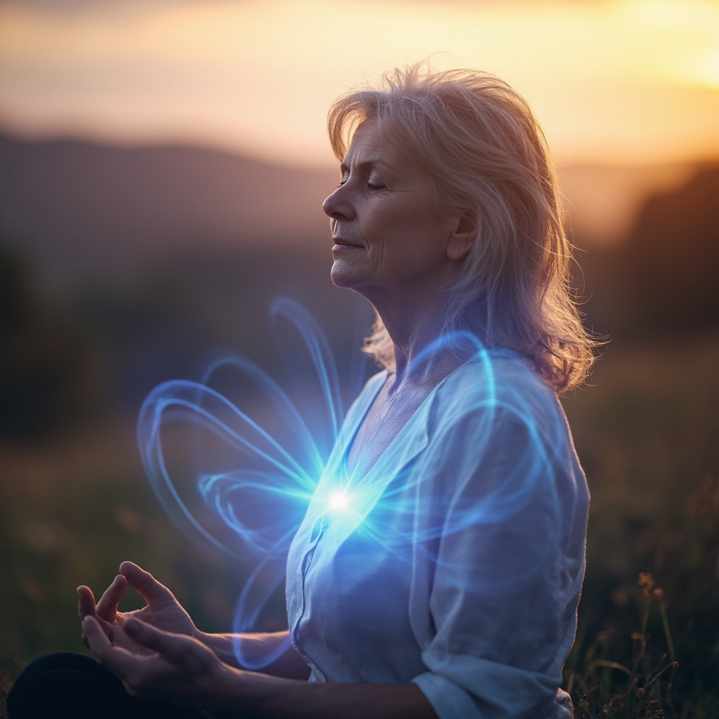 A calm woman in her 50s meditating outdoors at dawn, subtle glowing blue energy waves around her head, neck, and heart symbolizing balanced electrical biomarkers and emotional harmony during menopause, soft natural light, serene expression.