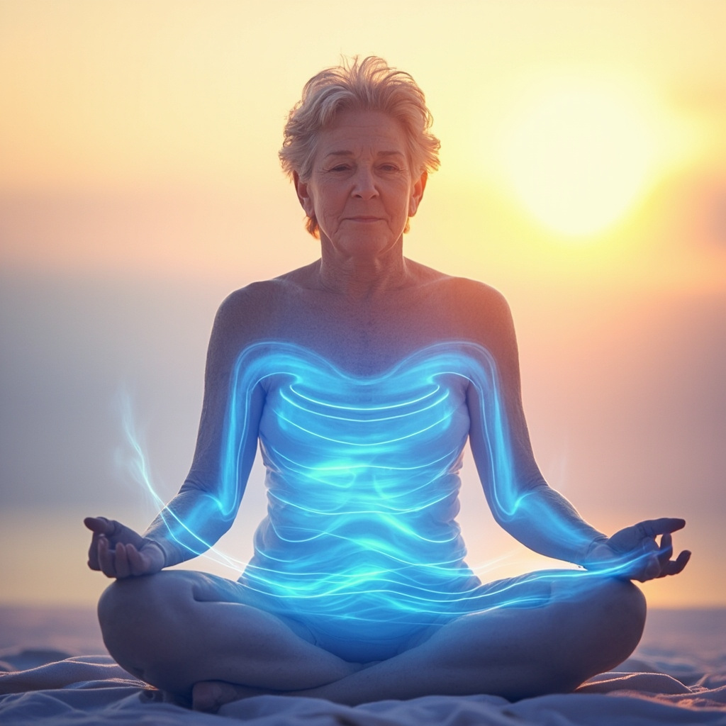 Serene 50-year-old woman meditating in soft morning light, subtle glowing energy waves around her heart and abdomen, symbolizing balanced hormones and calm mood during menopause, realistic style, calming blues and golds.